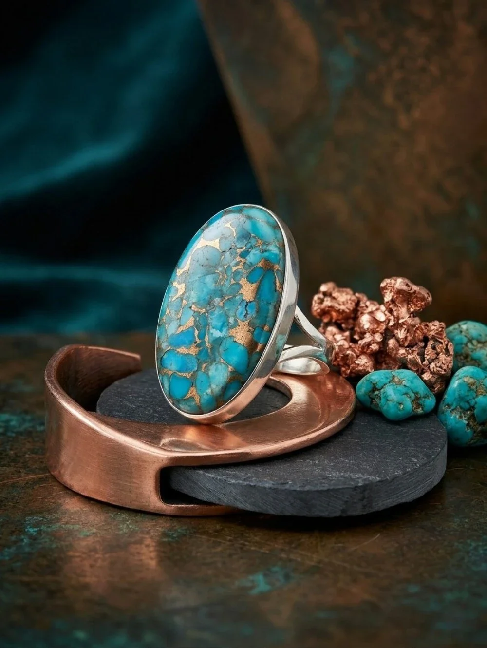 Blue Copper Turquoise Sterling Silver Ring Size 7 Stamped 925 Southwestern Chic